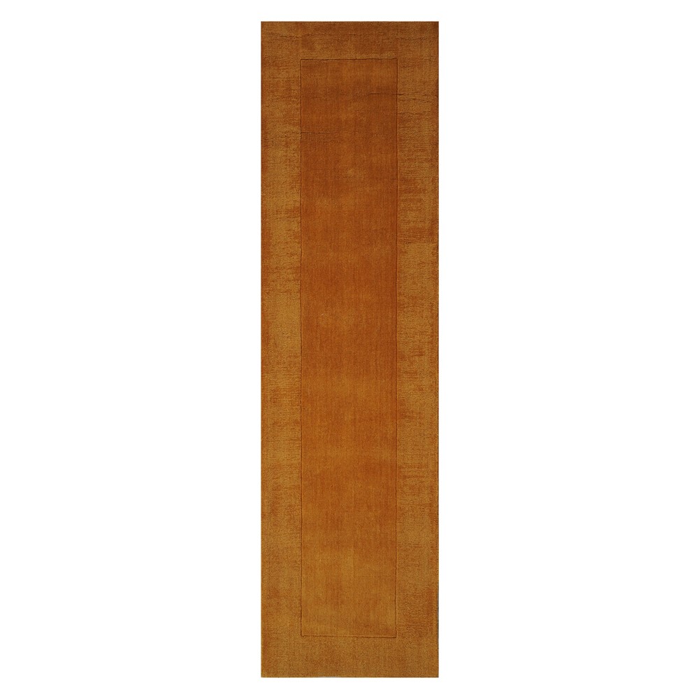 Handloom Plain Carved Border Wool Runner Rugs in Ochre Yellow